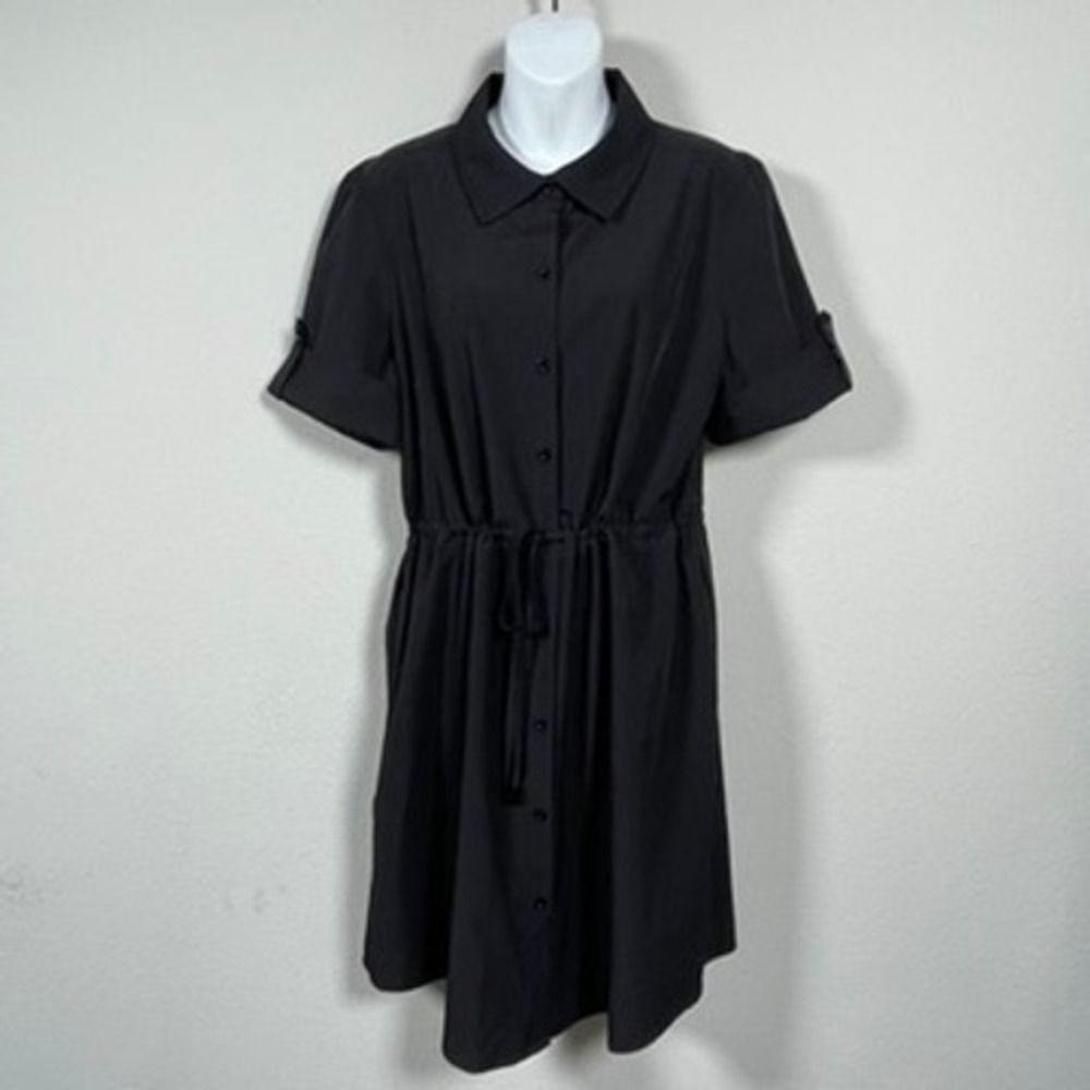 Halston Shirt Dress Womens L Black Minimalist Drawstring Pockets Short Sleeve